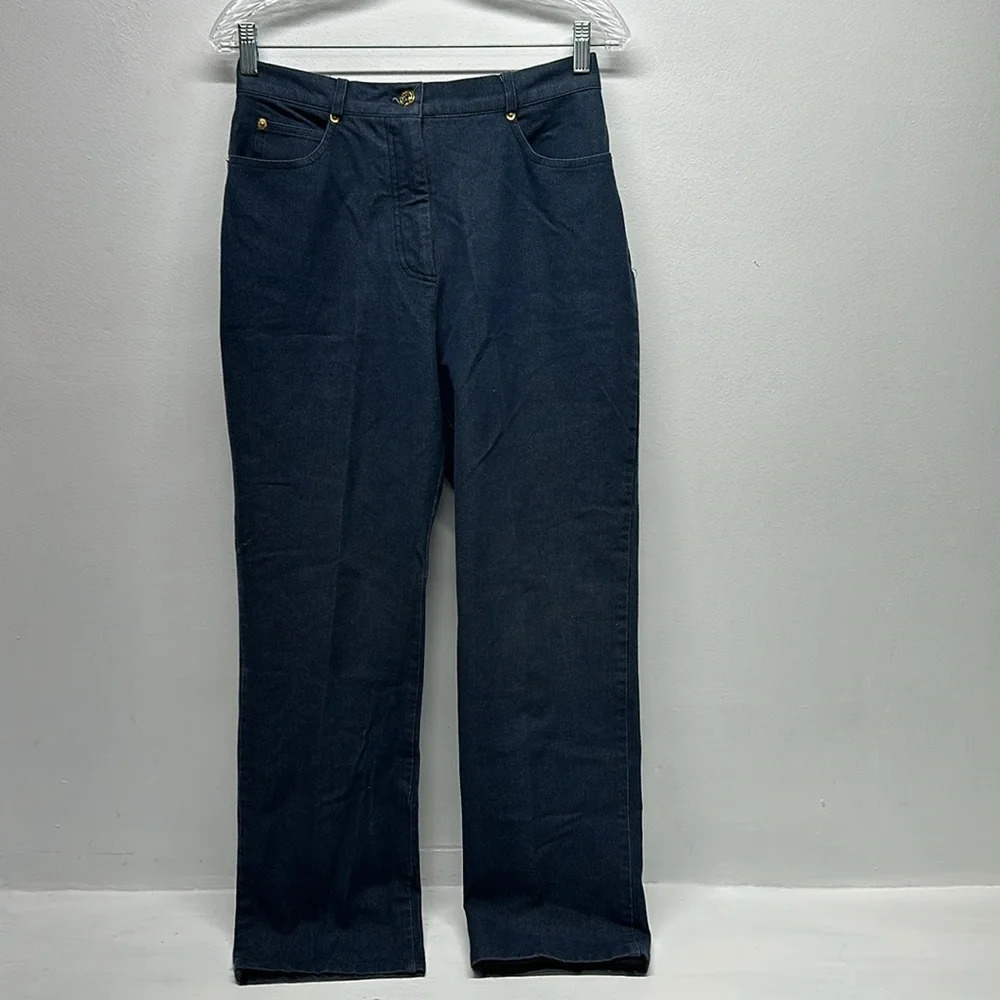 St John Sport Pants Straight Leg Stretch Pockets Denim Chambray Navy Blue Size 6